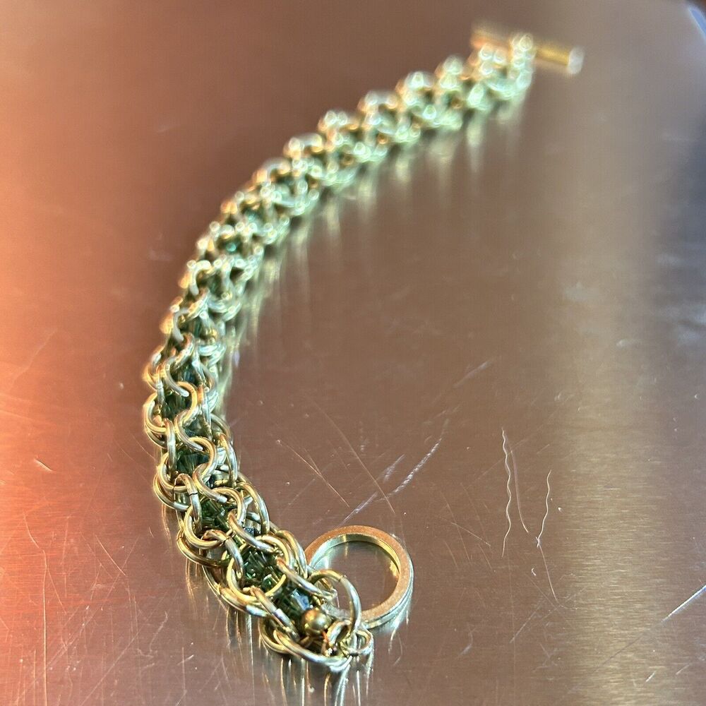 gold Byzantine round Link Bracelet w/green stones inside - 7”